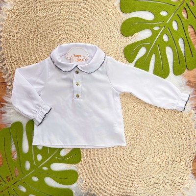 Conj. Blusa Manga Longa Gola Bordada e Salopete em Plush - Marrom e Branco Acetinado 